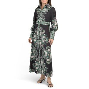 NANCY YANG Green/black Belted Shirt Maxi Dress